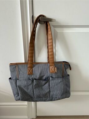 Striped Utility Tote with Brown Faux-Leather Handles